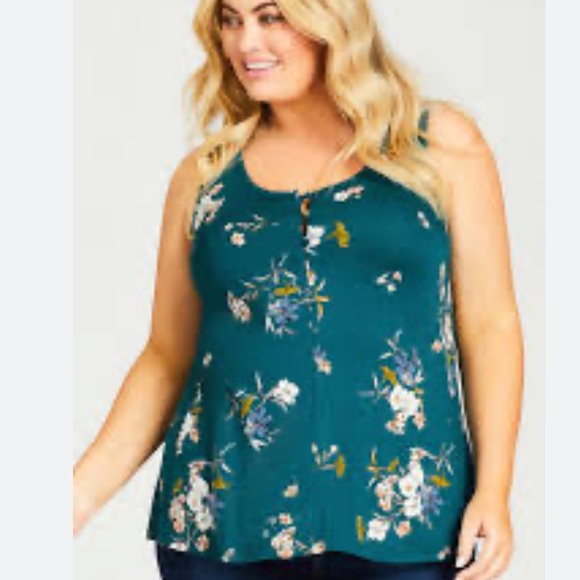 Avenue Knitted Floral Teal Tank 3-Button Sleeveless 3X - Picture 3 of 9